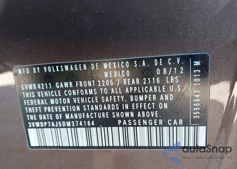 2013 Volkswagen Jetta Se z USA, uszkodzony, nr VIN 3VWDP7AJ5DM374164